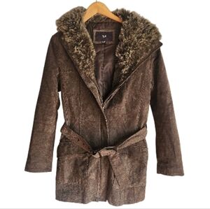 TCM Brown Faux Fur Lined Leather Coat With Hood And Belt Penny Lane Boho Sz S‎